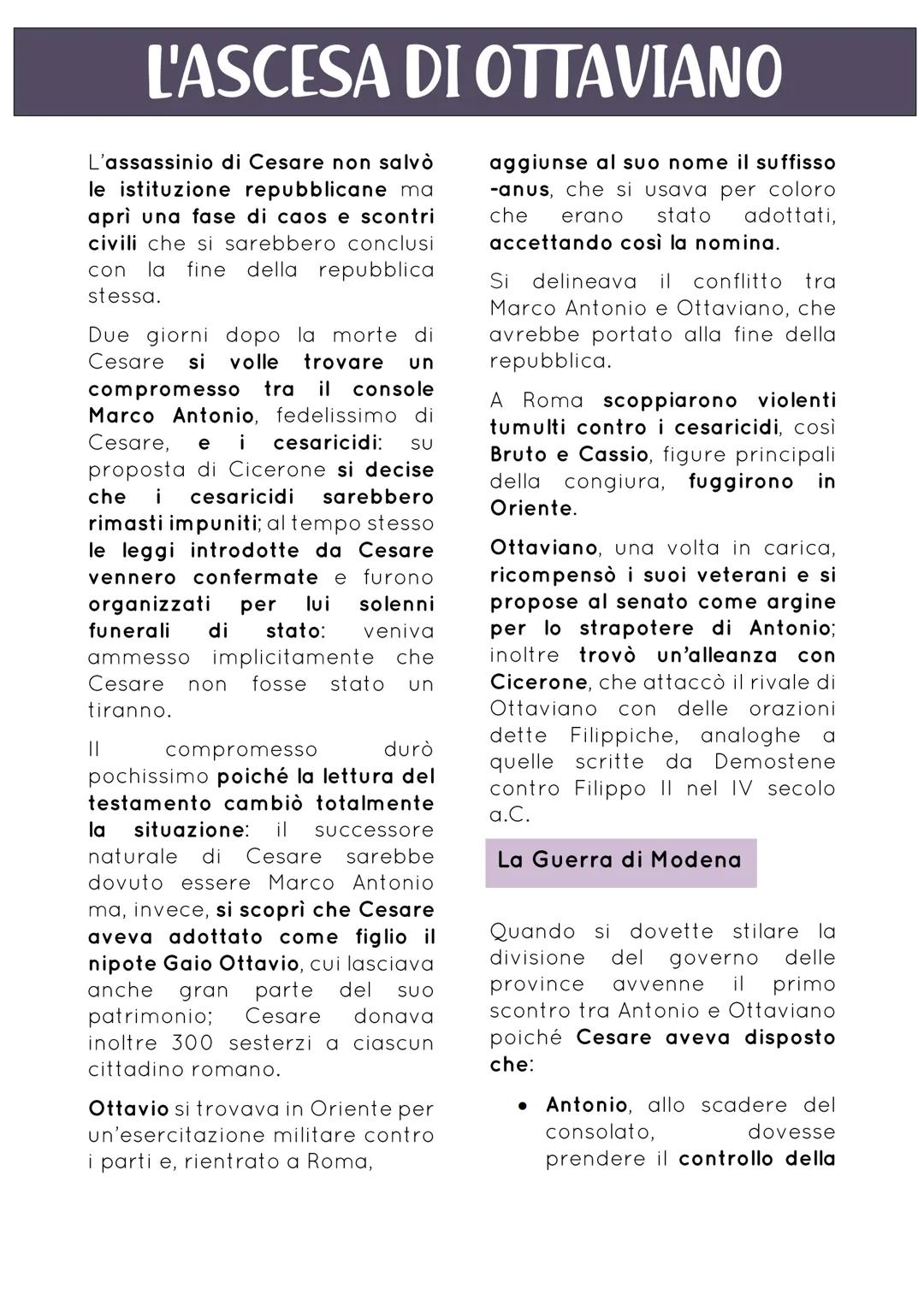L'ASCESA DI OTTAVIANO
L'assassinio di Cesare non salvò
le istituzione repubblicane ma
aprì una fase di caos e scontri
civili che si sarebber