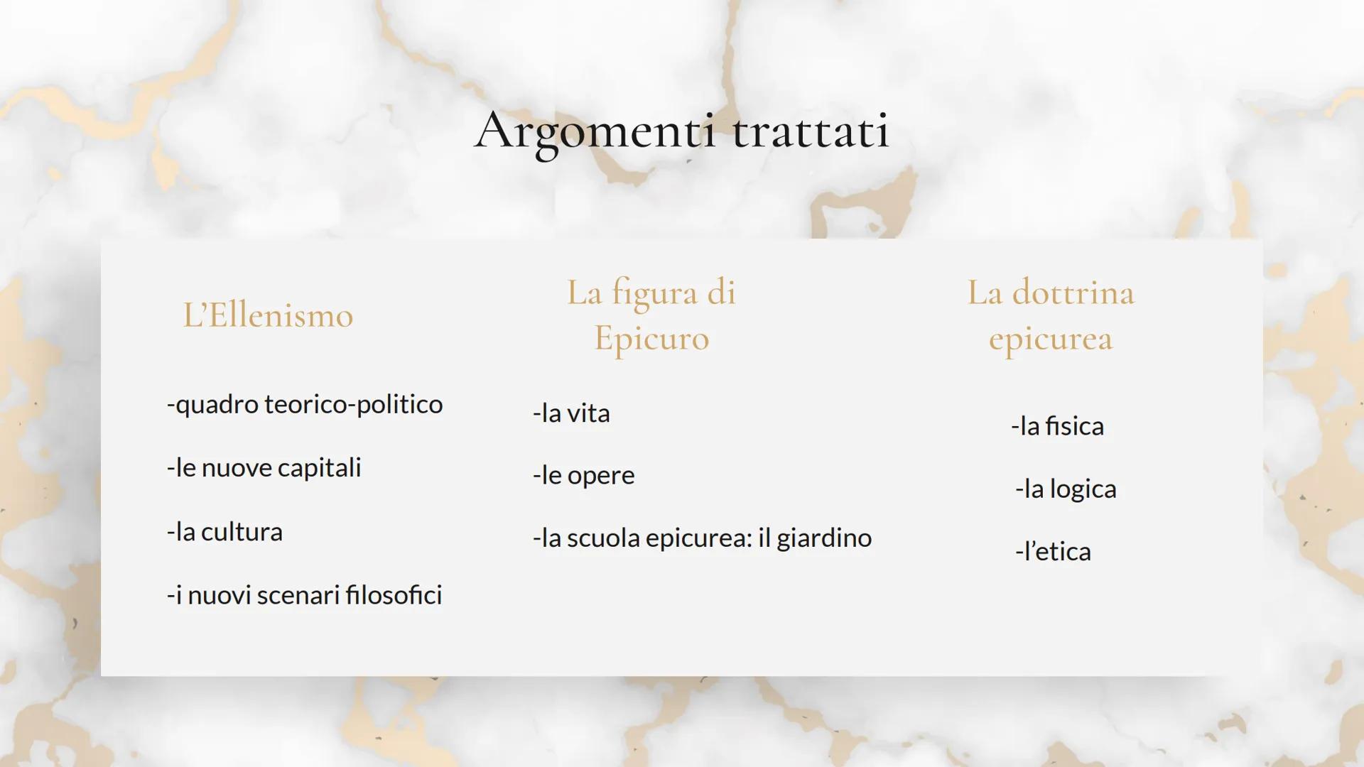 L'epicureismo
"Mai si è troppo giovani o troppo vecchi per la
conoscenza della felicità. A qualsiasi età è bello
occuparsi del benessere del