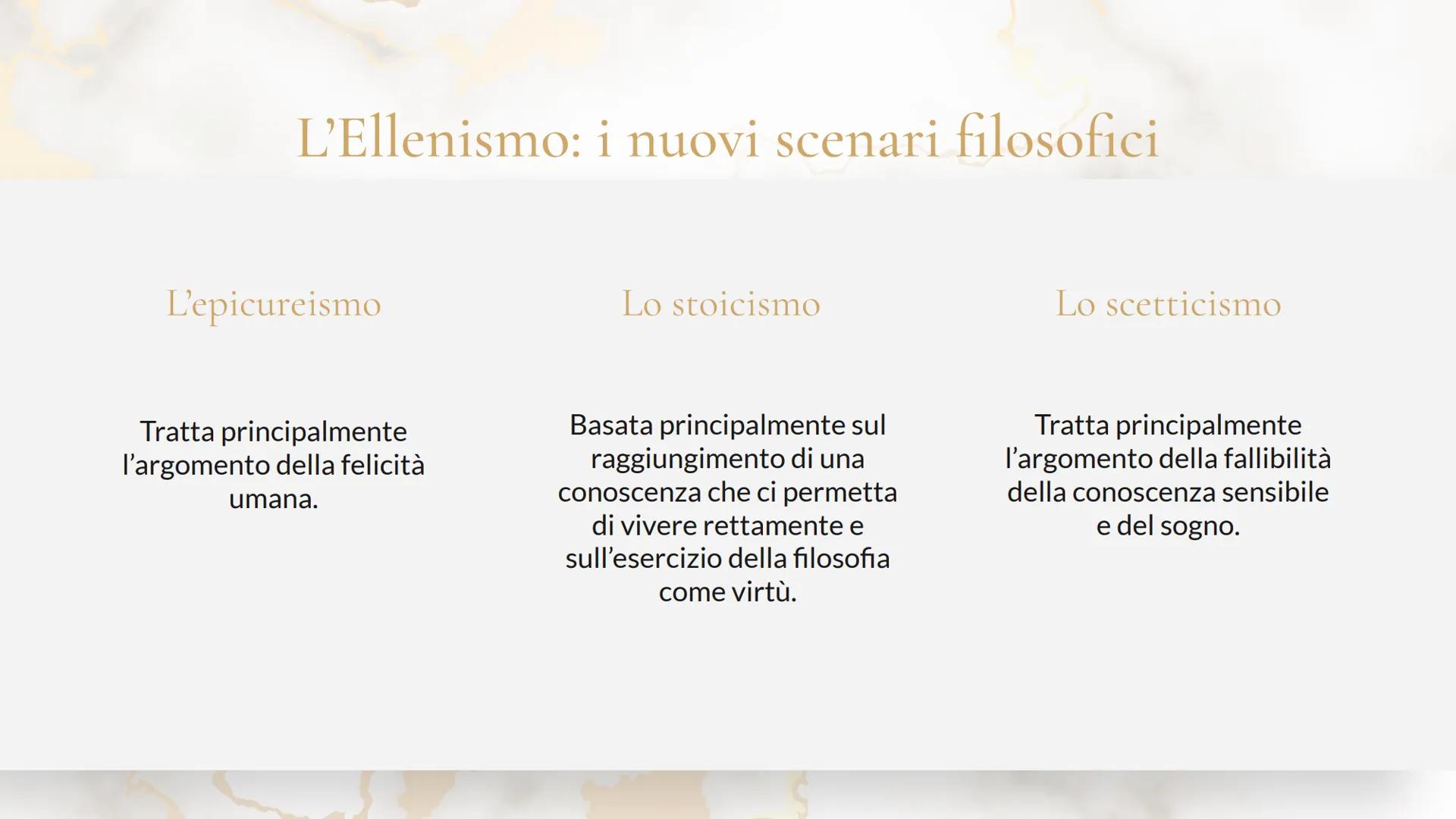 L'epicureismo
"Mai si è troppo giovani o troppo vecchi per la
conoscenza della felicità. A qualsiasi età è bello
occuparsi del benessere del