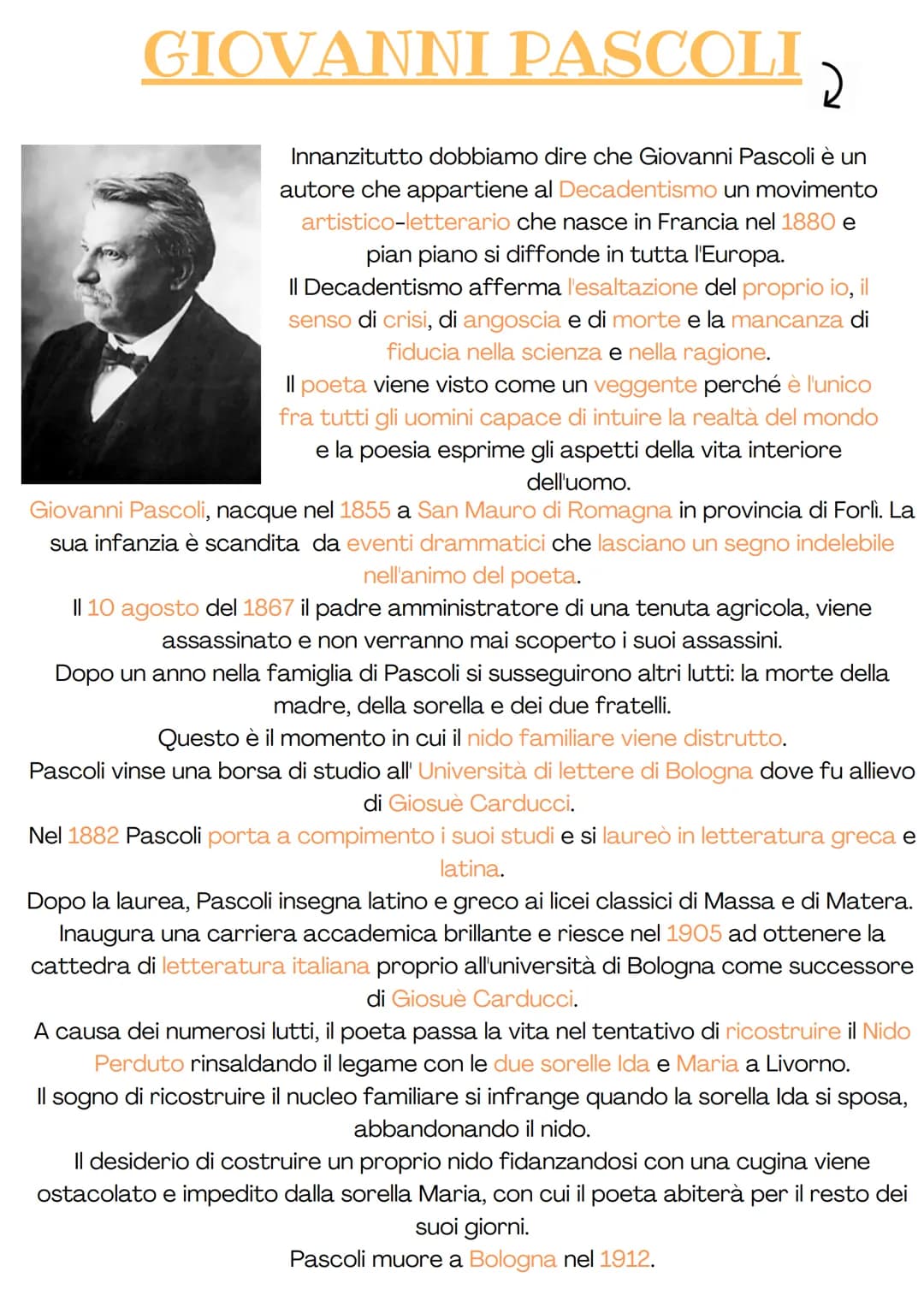 GIOVANNI PASCOLI
2
Innanzitutto dobbiamo dire che Giovanni Pascoli è un
autore che appartiene al Decadentismo un movimento
artistico-lettera