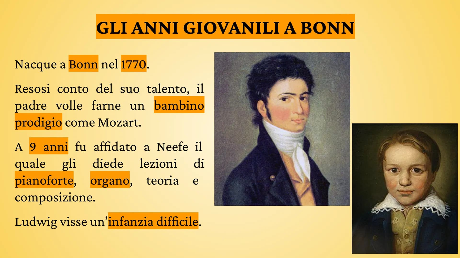 folemais
BEETHOVEN
lindring when Bedtionen LA VITA
1770 Bonn - Germania
1784 Organista stipendiato
1787 Studia a Vienna ma torna per la mort
