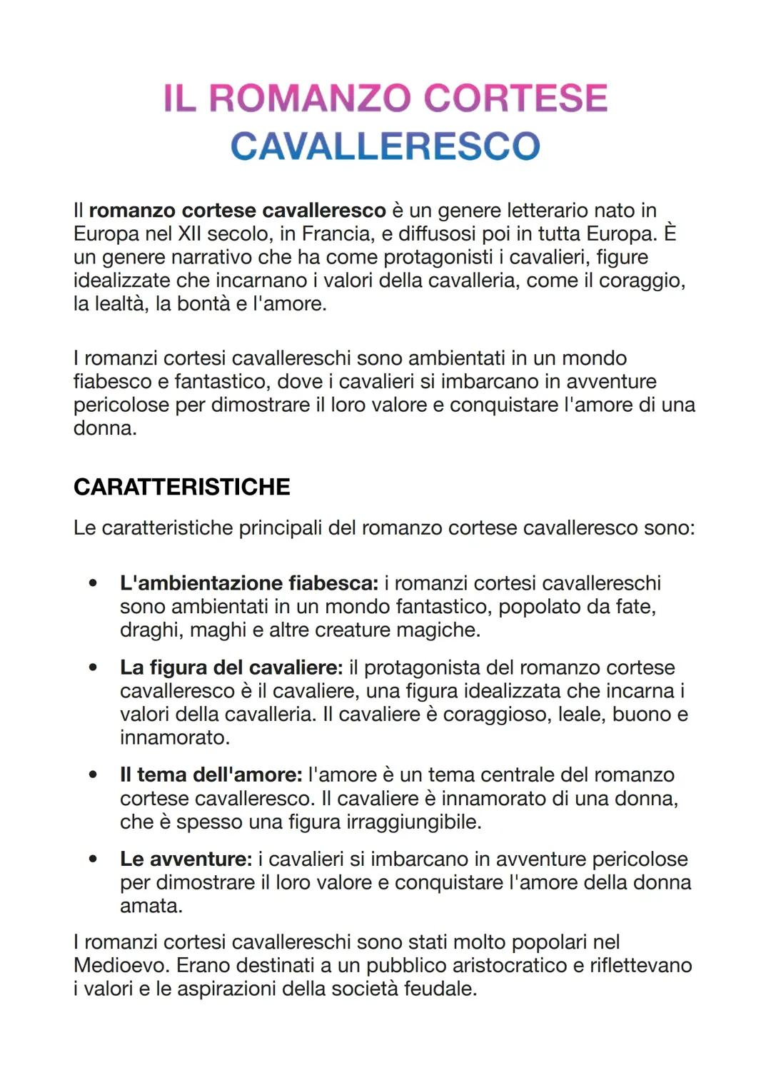 IL ROMANZO CORTESE CAVALLERESCO