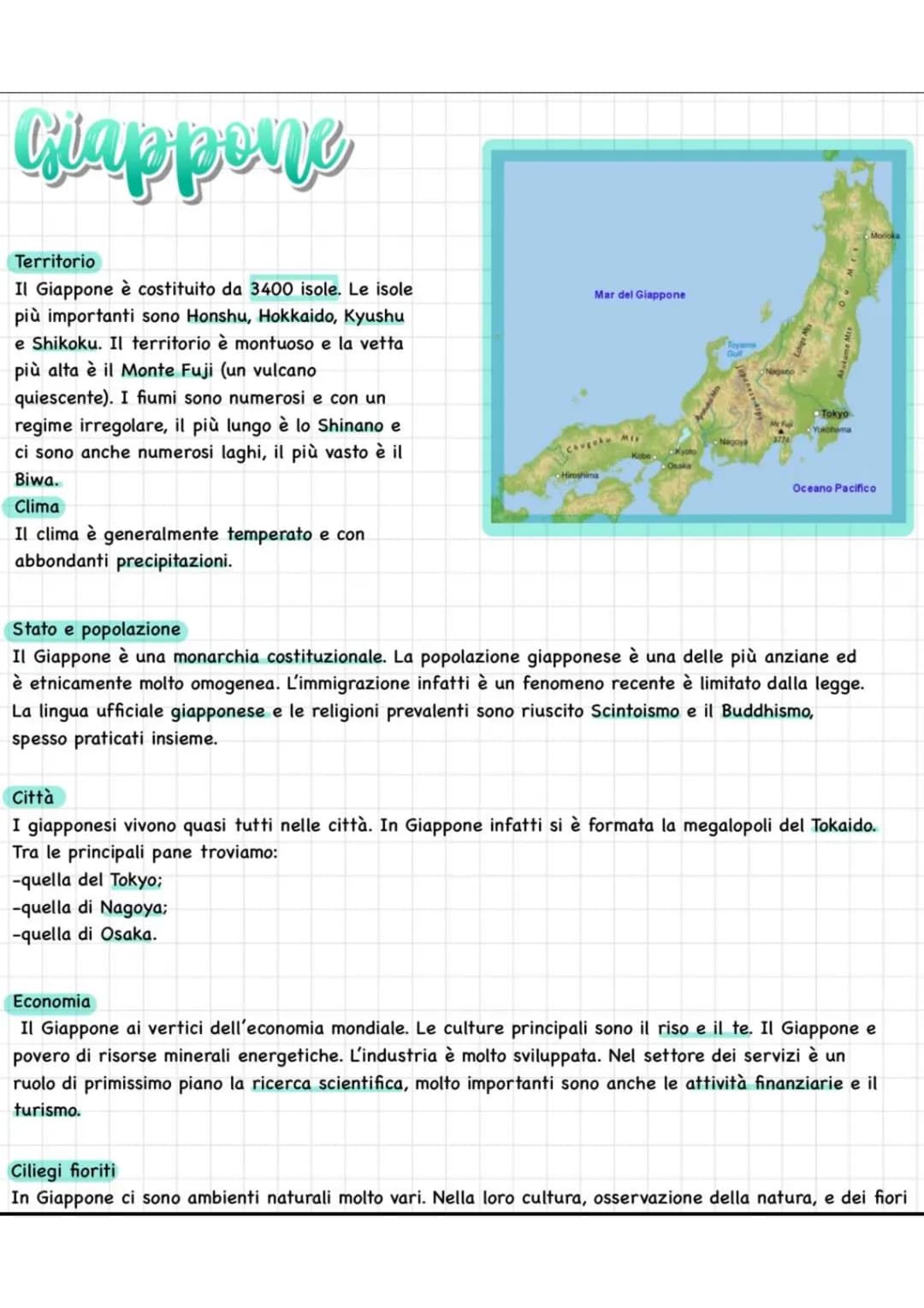 Giappone
Territorio
Il Giappone è costituito da 3400 isole. Le isole
più importanti sono Honshu, Hokkaido, Kyushu
e Shikoku. Il territorio è