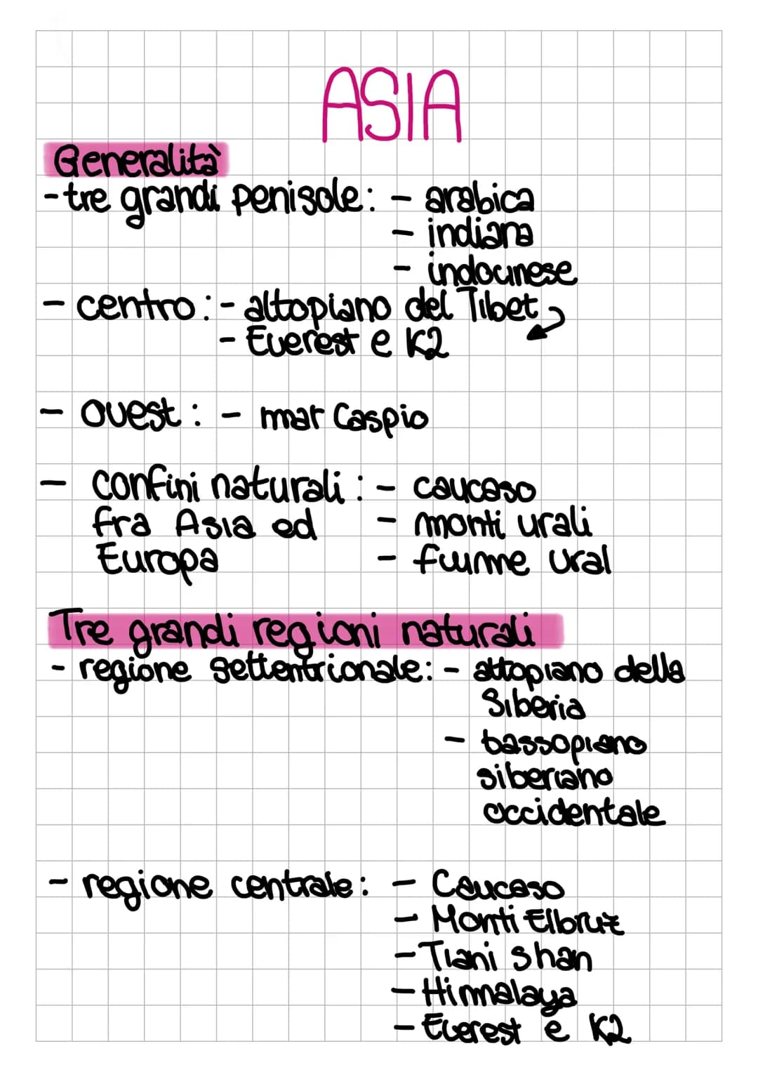 ASIA
Generalita
-tre grandi penisole: - arabica
- indiana
indounese
del Tibet,
-centro-altopiano
●
-
-
-
- Everest e K2
-
ovest:
mar Caspio
