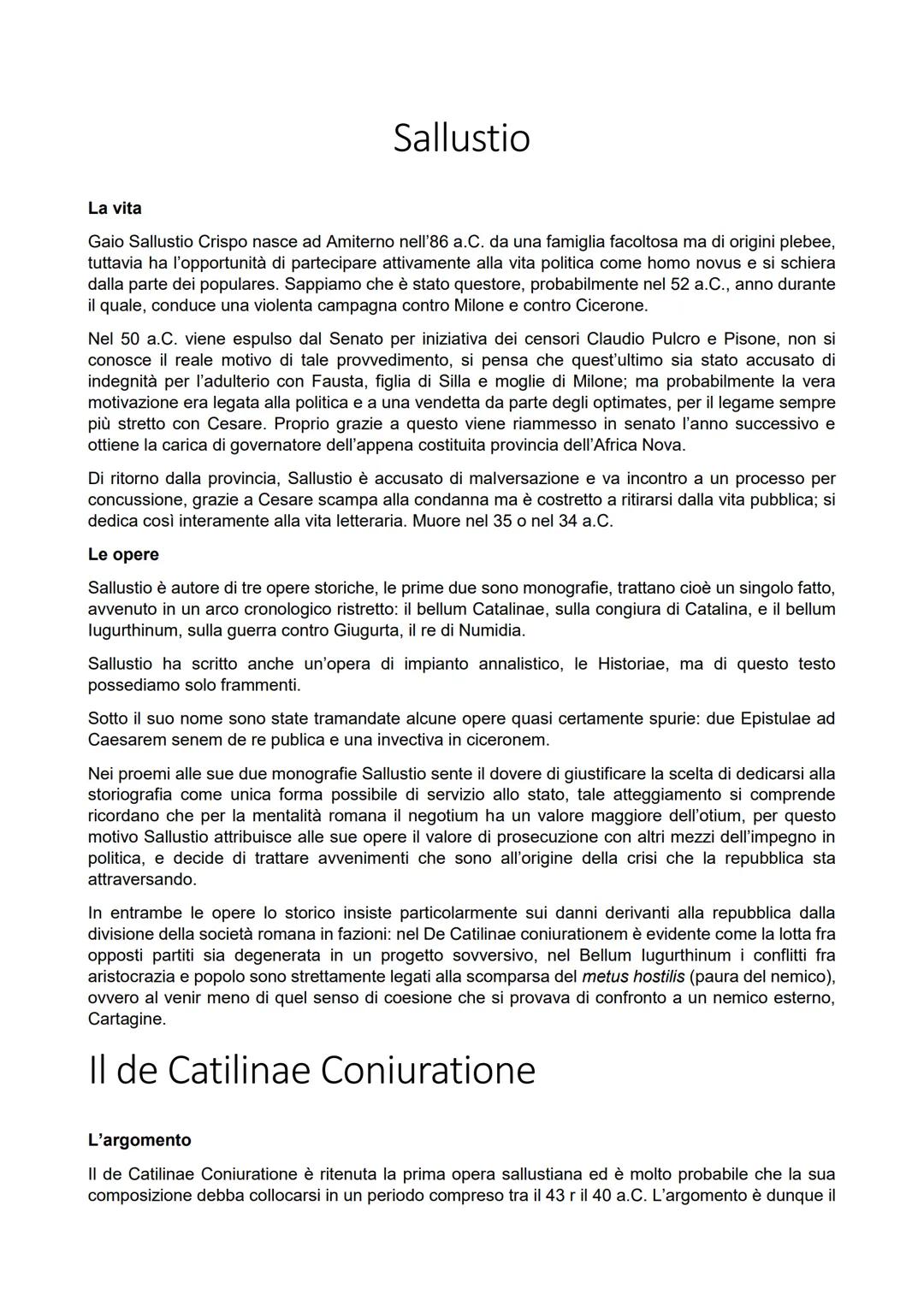 Sallustio
La vita
Gaio Sallustio Crispo nasce ad Amiterno nell'86 a.C. da una famiglia facoltosa ma di origini plebee,
tuttavia ha l'opportu