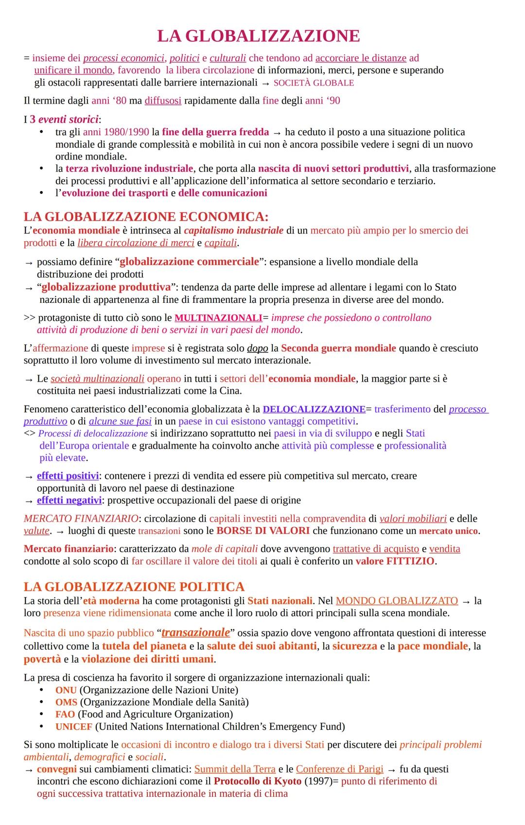 # LA GLOBALIZZAZIONE

= insieme dei processi economici, politici e culturali che tendono ad accorciare le distanze ad
unificare il mondo, fa