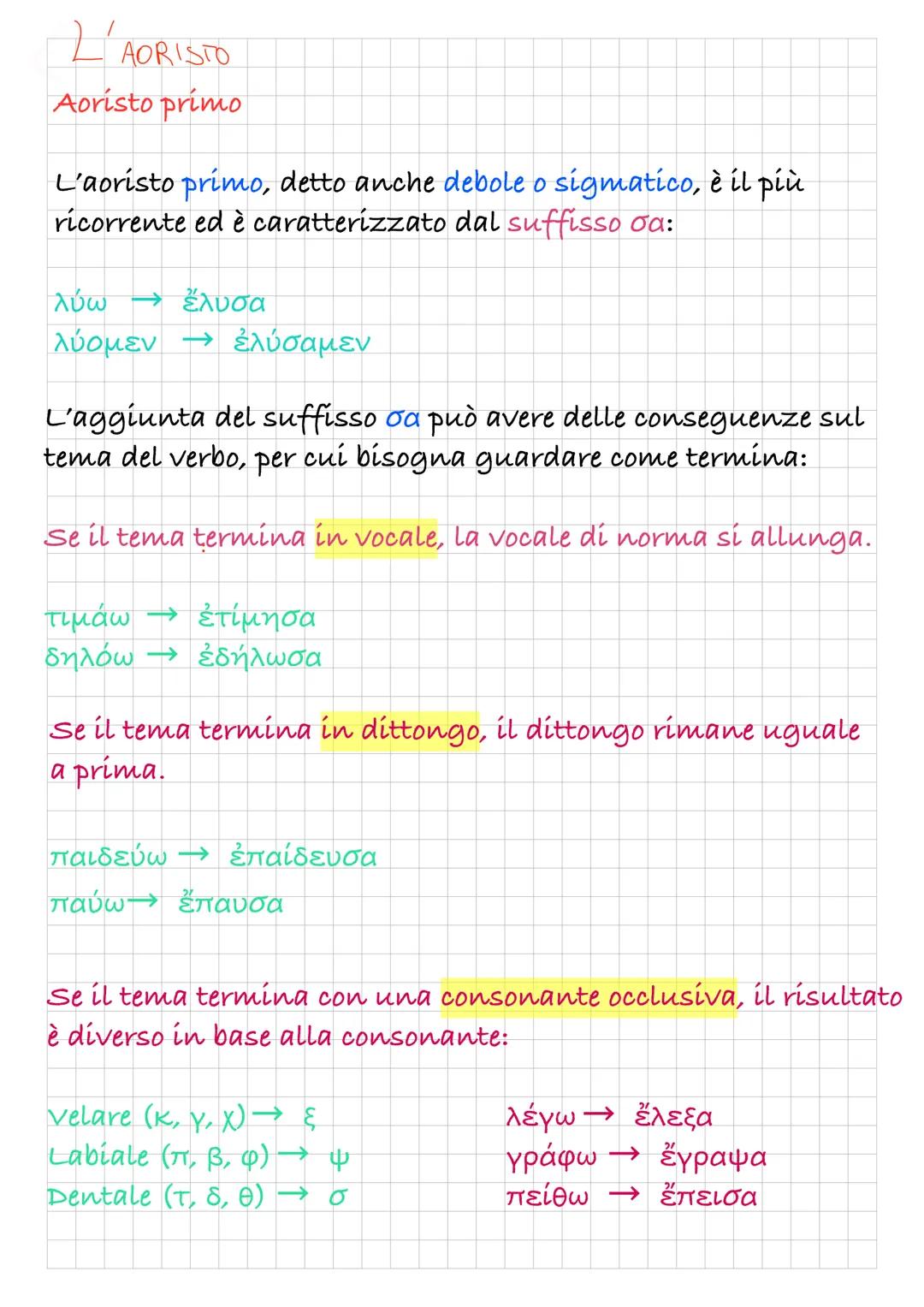 # AORISTO

Aoristo primo

L'aoristo primo, detto anche debole o sigmatico, è il più
ricorrente ed è caratterizzato dal suffisso σα:

λύω - ἔ