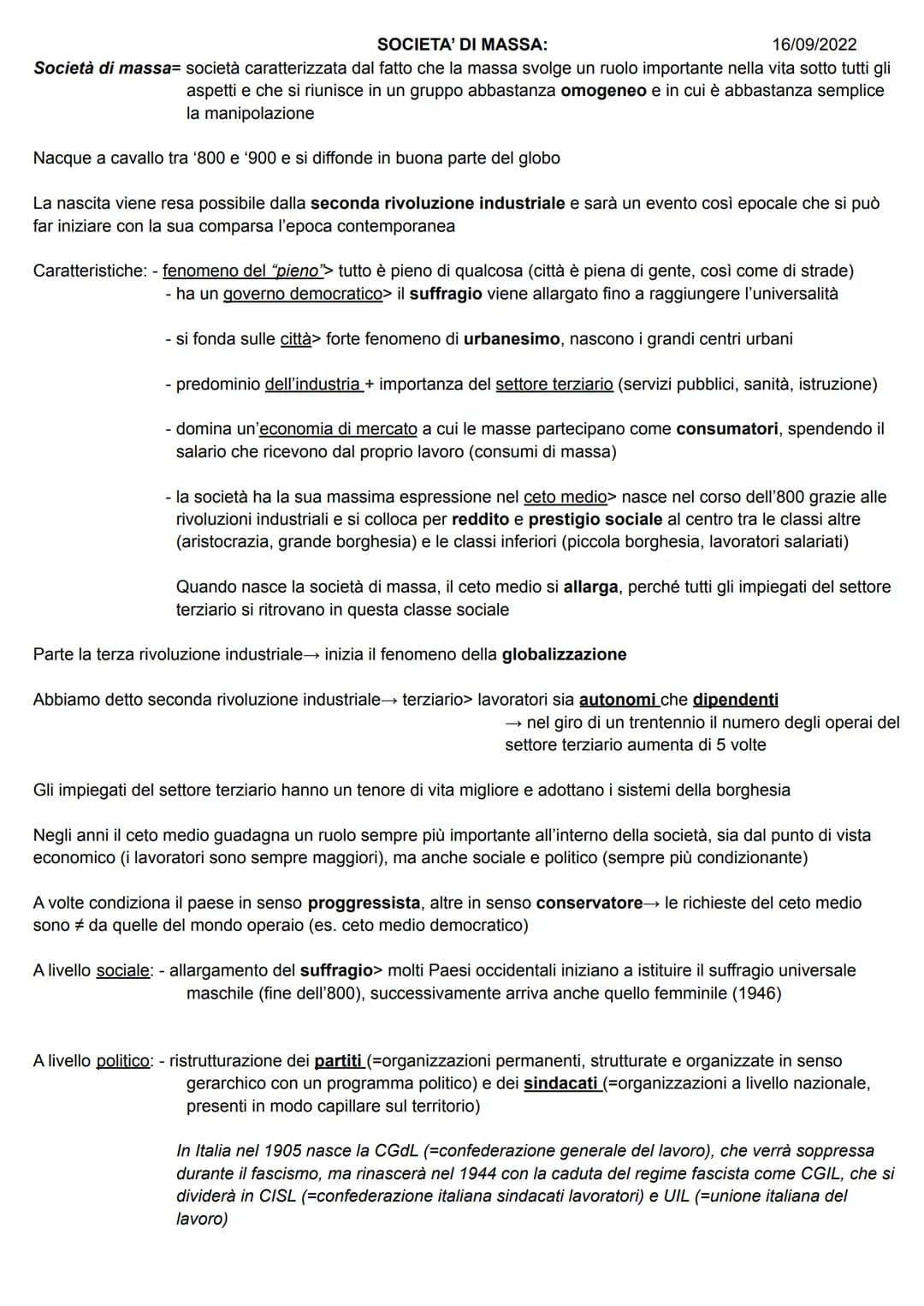 SOCIETA' DI MASSA:
16/09/2022
Società di massa società caratterizzata dal fatto che la massa svolge un ruolo importante nella vita sotto tut