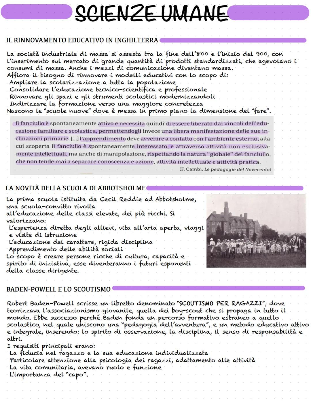  # SCIENZE UMANE

IL RINNOVAMENTO EDUCATIVO IN INGHILTERRA

La società industriale di massa si assesta tra la fine dell'800 e l'inizio del 9