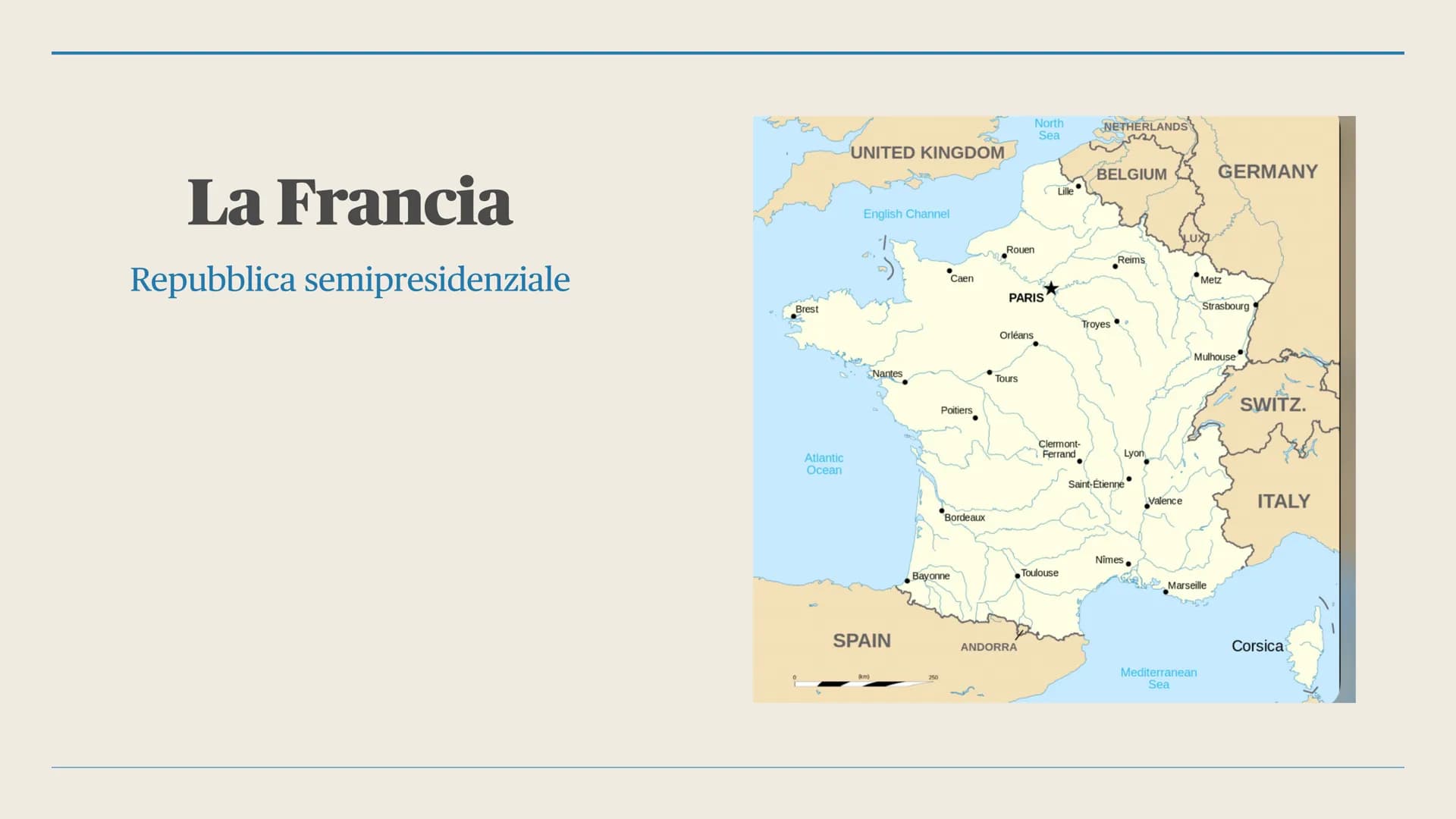 
<h2 id="aspettipoliticiegeografici">Aspetti politici e geografici</h2>
<p>La Francia è una repubblica semipresidenziale situata nell'Europa