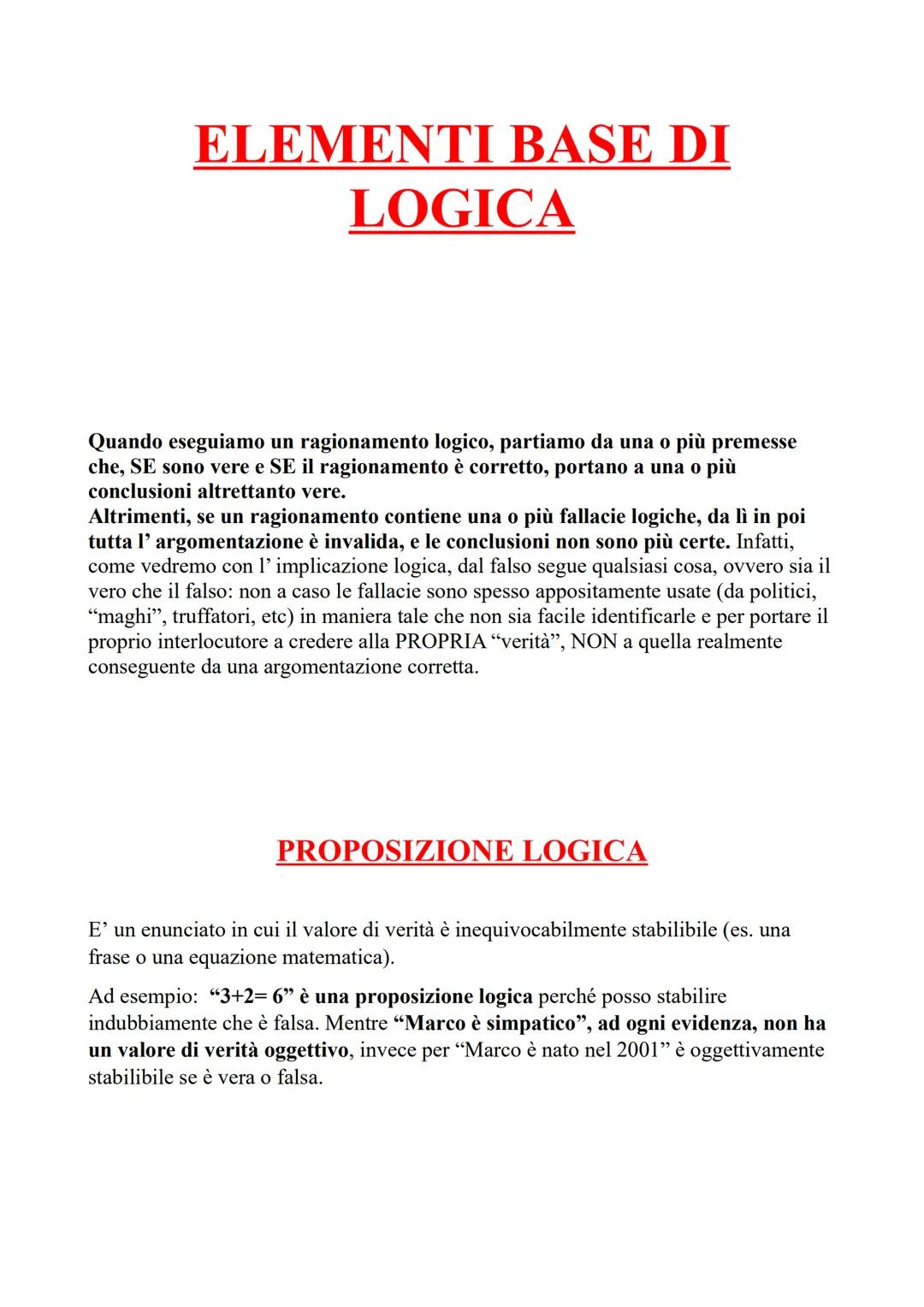 ELEMENTI BASE DI
LOGICA
Quando eseguiamo un ragionamento logico, partiamo da una o più premesse
che, SE sono vere e SE il ragionamento è cor