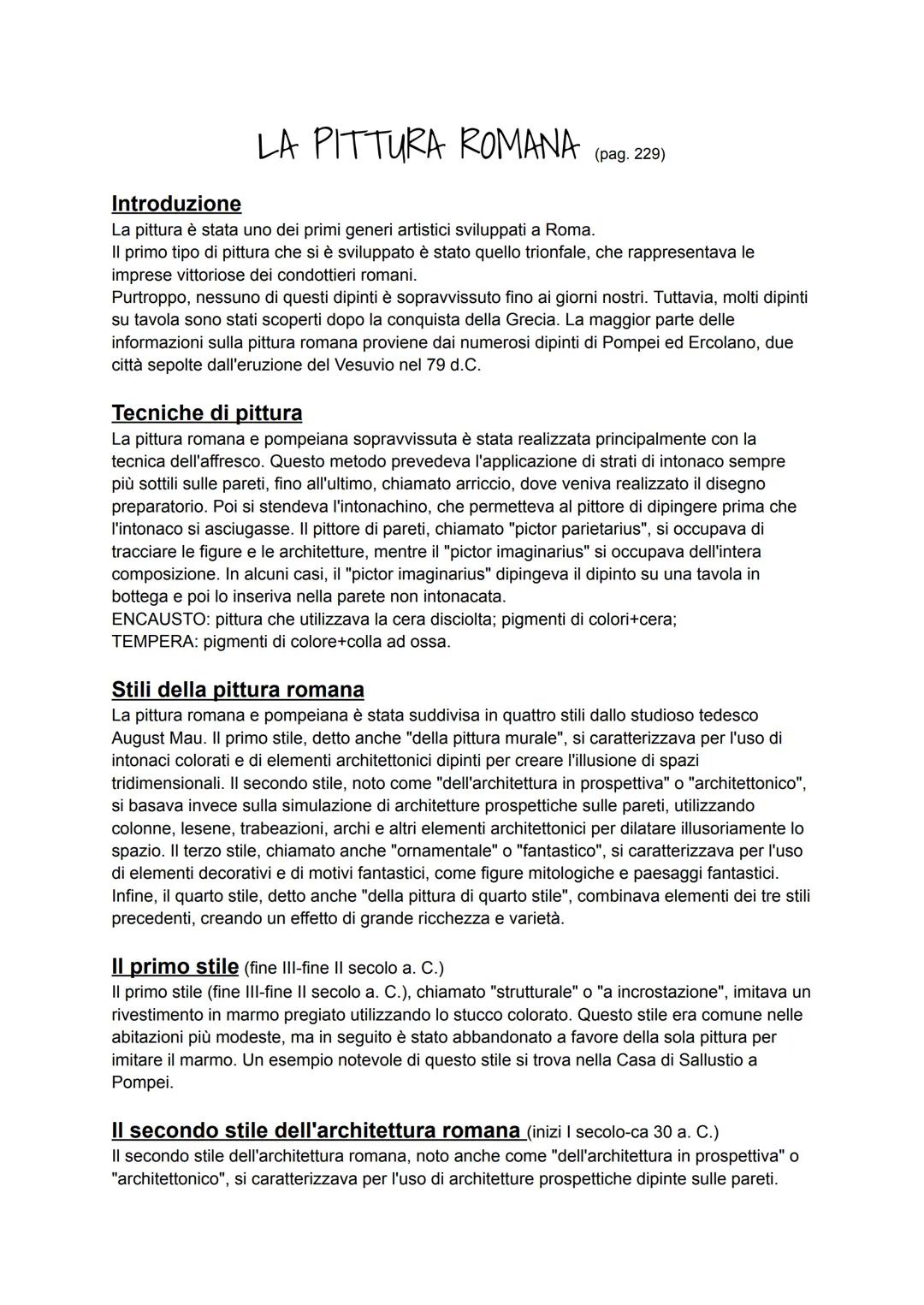 --- OCR Start ---
LA PITTURA ROMANA
(pag. 229)
Introduzione
La pittura è stata uno dei primi generi artistici sviluppati a Roma.
Il primo ti