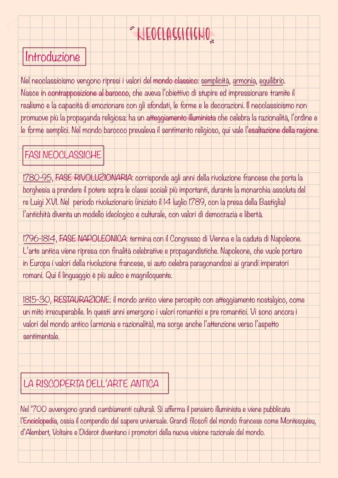 * NEOCLASSICISMO
Introduzione
Nel neoclassicismo vengono ripresi i valori del mondo classico: semplicità, armonia, equilibrio.
Nasce in cont