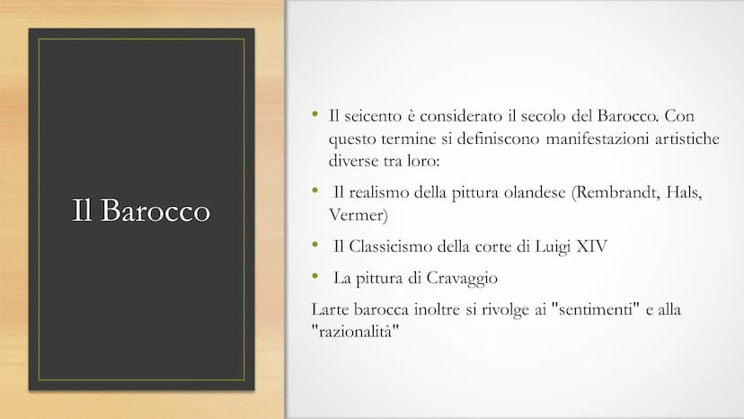 Caravaggio
Il Seicento Il Barocco
• Il seicento è considerato il secolo del Barocco. Con
questo termine si definiscono manifestazioni artist