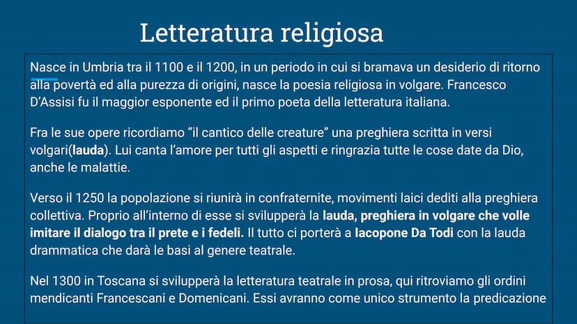 Mappa generi letterari
TRA IL
1200 ED IL 1300 Intorno all'anno
1000 si diffonde
una una poesia
(orale) popolare
e giullaresca,
che andrà in
