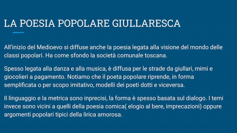 Mappa generi letterari
TRA IL
1200 ED IL 1300 Intorno all'anno
1000 si diffonde
una una poesia
(orale) popolare
e giullaresca,
che andrà in
