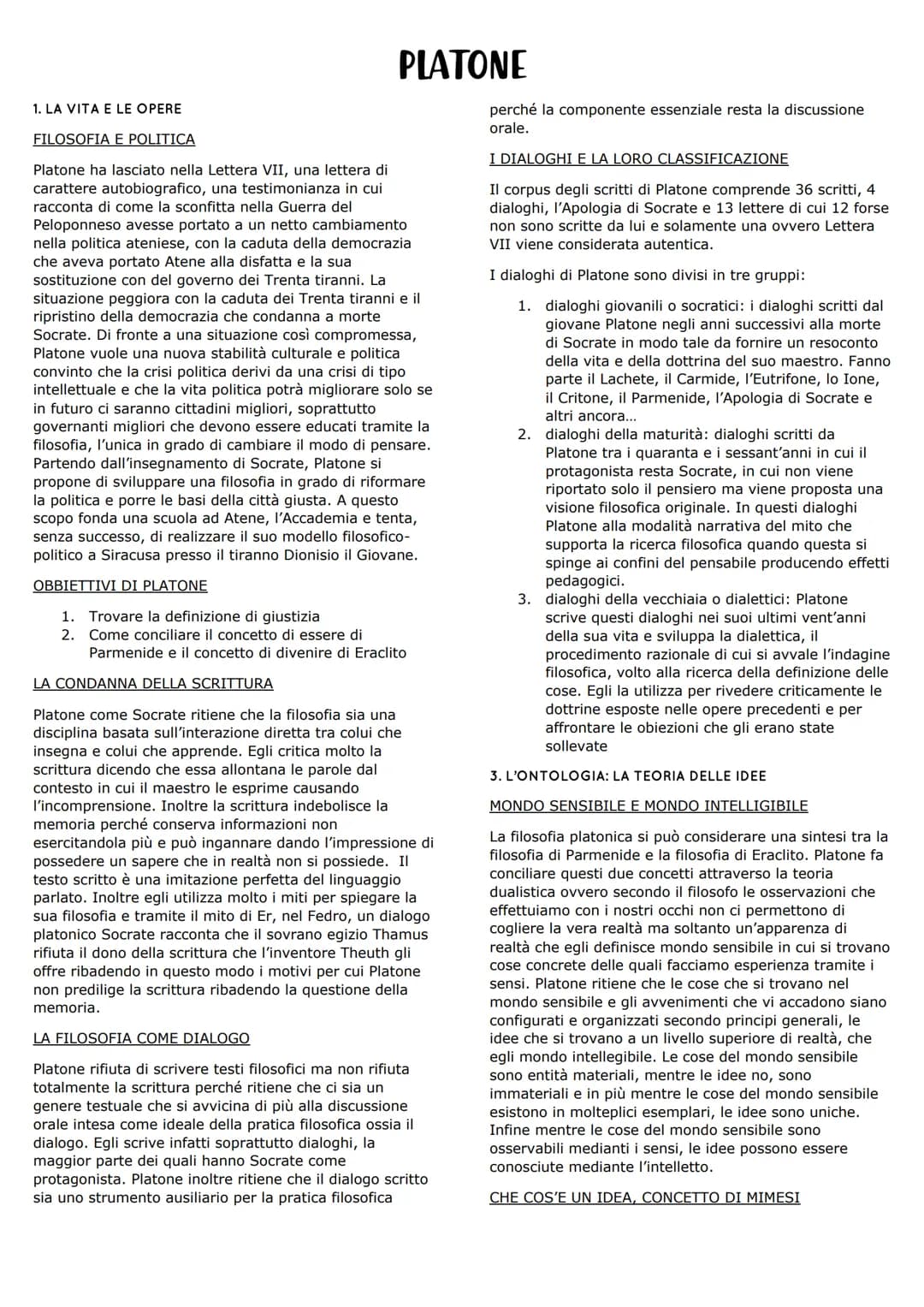 1. LA VITA E LE OPERE
PLATONE
FILOSOFIA E POLITICA
Platone ha lasciato nella Lettera VII, una lettera di
carattere autobiografico, una testi