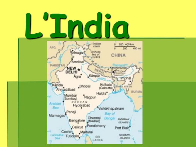 L'India
AFG.
PAKISTAN
Kandla
Srinagar
Amritsa
NEW
DELHI
Arabian
Sea
Marmagao
Agra
Ahmadabad
Panaji
-Indian
claim
DECCAN
Hyderabad
Chinese
In