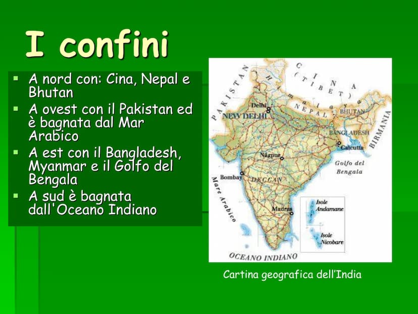 L'India
AFG.
PAKISTAN
Kandla
Srinagar
Amritsa
NEW
DELHI
Arabian
Sea
Marmagao
Agra
Ahmadabad
Panaji
-Indian
claim
DECCAN
Hyderabad
Chinese
In