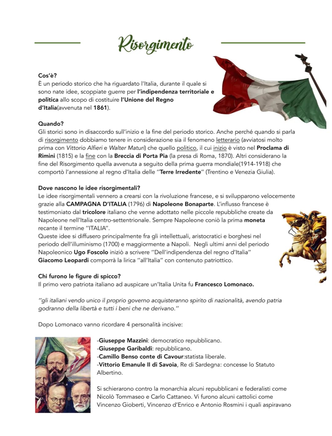 Risorgimento
Cos'è?
È un periodo storico che ha riguardato l'Italia, durante il quale si
sono nate idee, scoppiate guerre per l'indipendenza