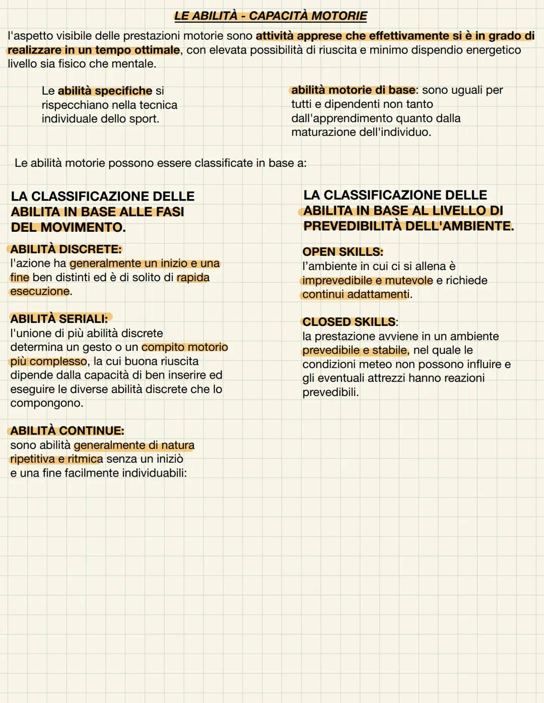 LE ABILITÀ - CAPACITÀ MOTORIE
l'aspetto visibile delle prestazioni motorie sono attività apprese che effettivamente si è in grado di
realizz