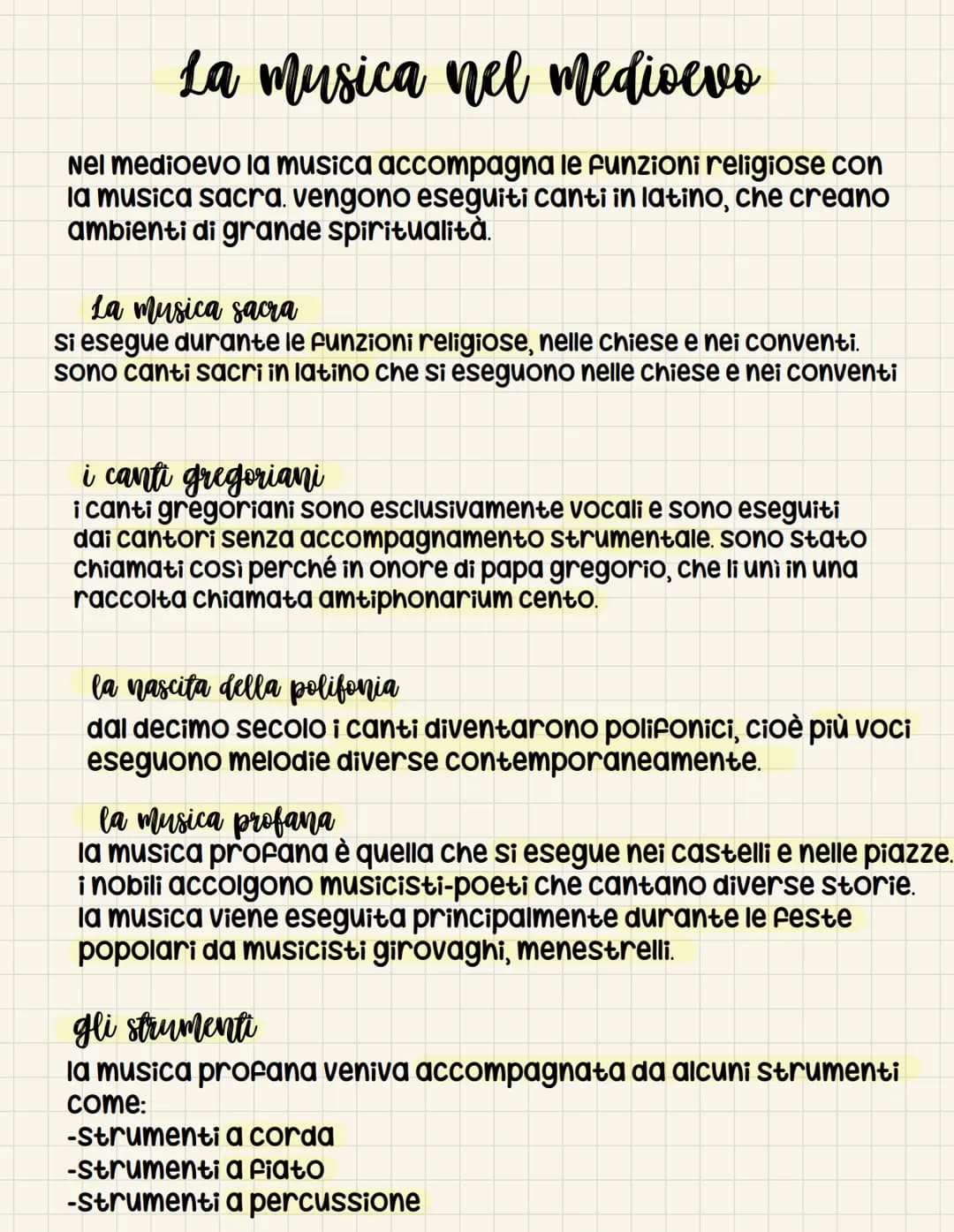 La musica nel medioevo
Nel medioevo la musica accompagna le funzioni religiose con
la musica sacra. vengono eseguiti canti in latino, che cr