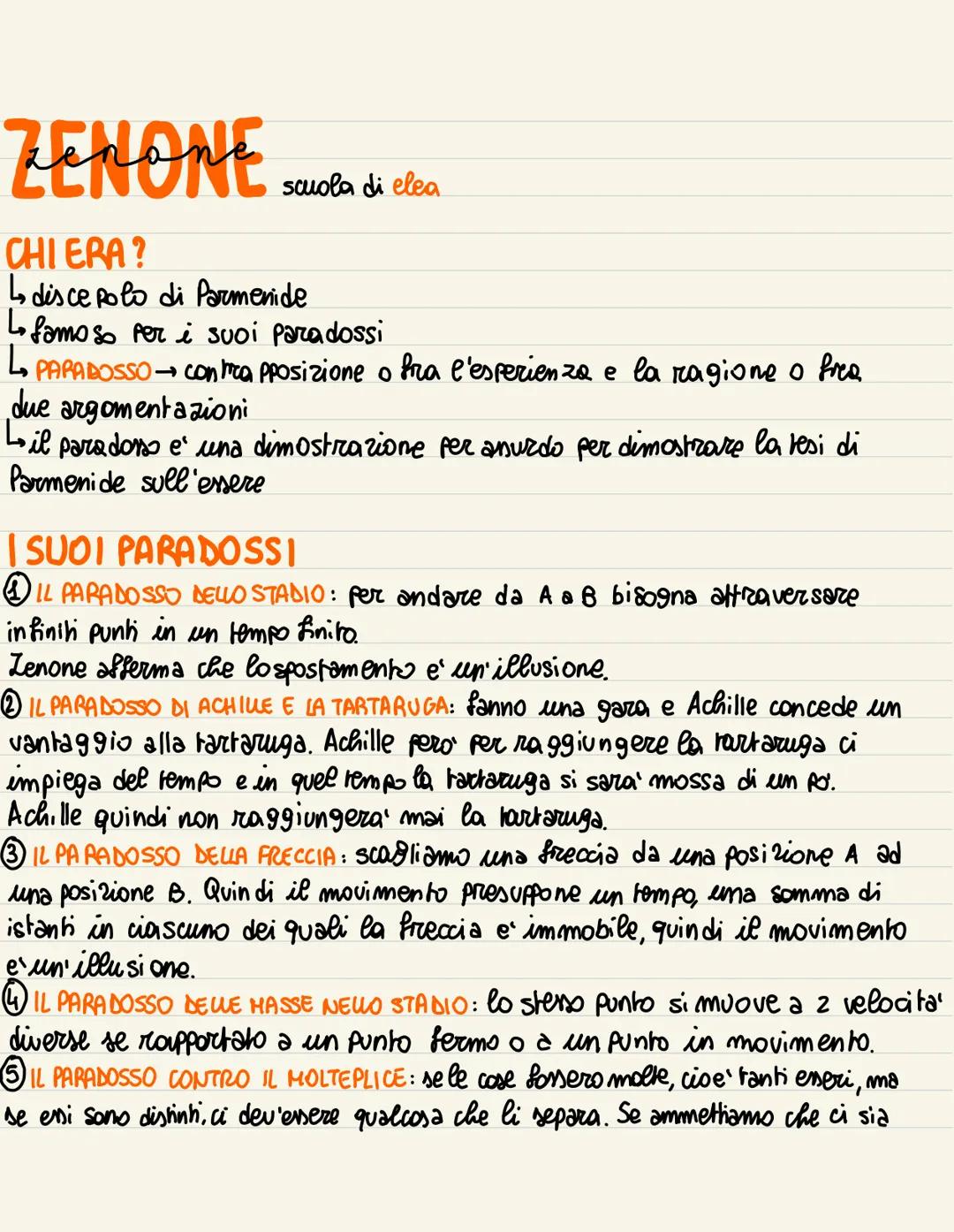 ZENONE
CHI ERA?
↳discepolo di Parmenide
↳ famoso per i suoi paradossi
↳ PARADOSSO- → con mapposizione o fra l'esperienza e la ragione o frea