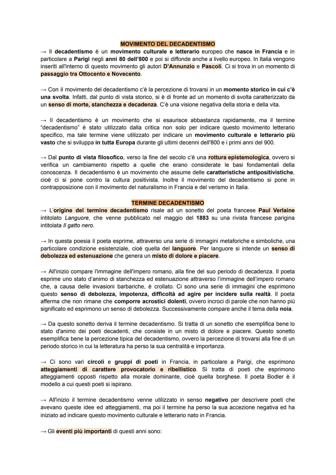 MOVIMENTO DEL DECADENTISMO
→ Il decadentismo è un movimento culturale e letterario europeo che nasce in Francia e in
particolare a Parigi ne