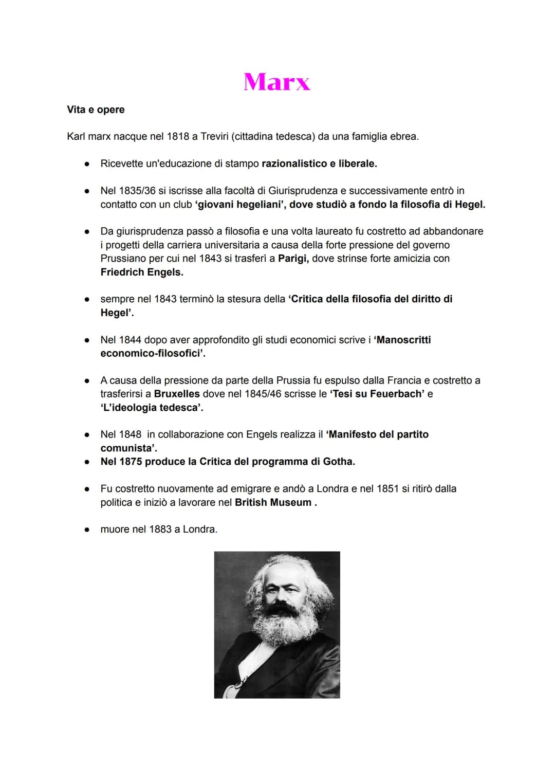 Vita e opere
Karl marx nacque nel 1818 a Treviri (cittadina tedesca) da una famiglia ebrea.
● Ricevette un'educazione di stampo razionalisti