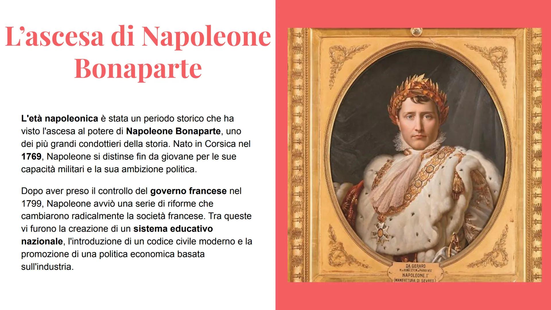 L'Età Napoleonica: Il Conquistatore del
Mondo 1. L'ascesa di Napoleone Bonaparte
2. Le guerre napoleoniche
3. La caduta di Napoleone
4. Il C