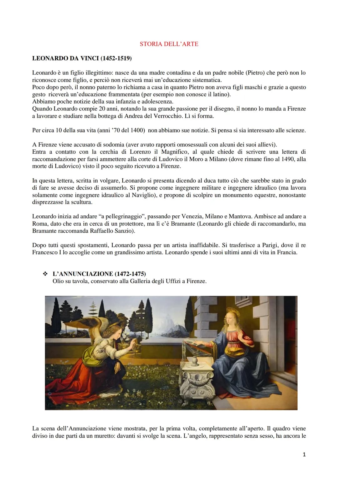 STORIA DELL'ARTE
LEONARDO DA VINCI (1452-1519)
Leonardo è un figlio illegittimo: nasce da una madre contadina e da un padre nobile (Pietro) 