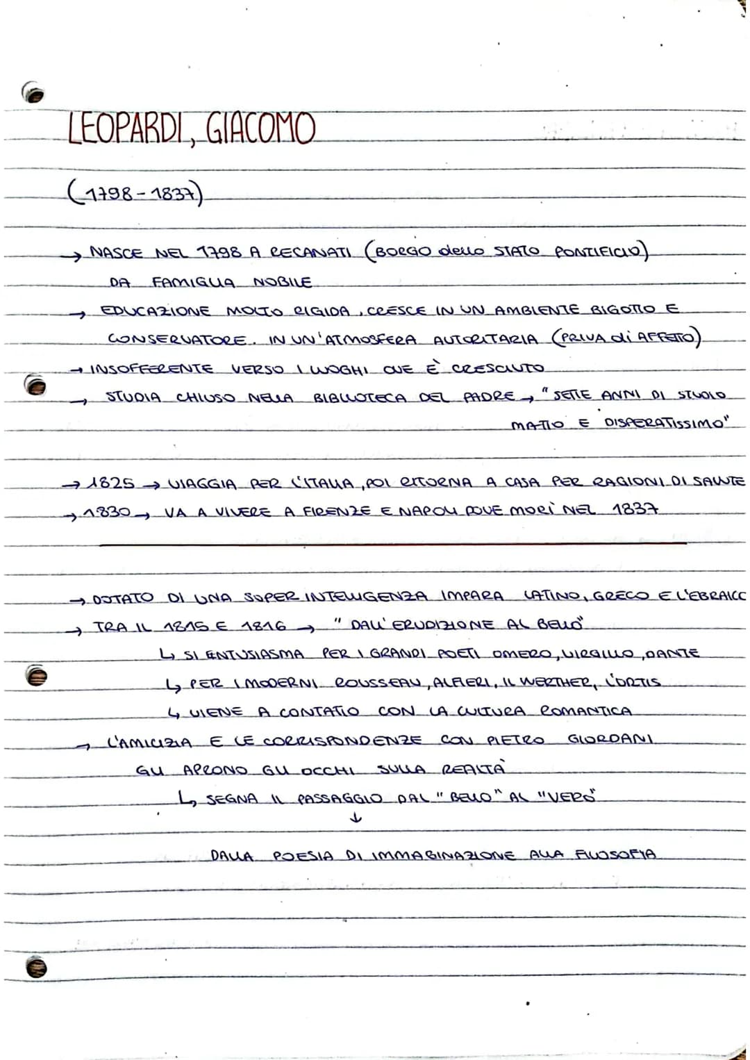 LEOPARDI, GIACOMO
(1798-1837)
NASCE NEL 1798 A RECANATI (BORGO dello STATO PONTIFICIY)
DA FAMIGUA. NOBILE
EDUCAZIONE MOLTO RIGIDA, CRESCE IN