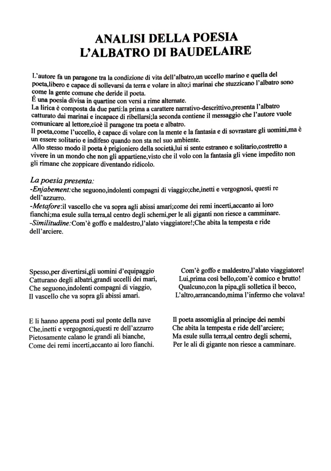 ANALISI DELLA POESIA
L'ALBATRO DI BAUDELAIRE
L'autore fa un paragone tra la condizione di vita dell'albatro, un uccello marino e quella del
