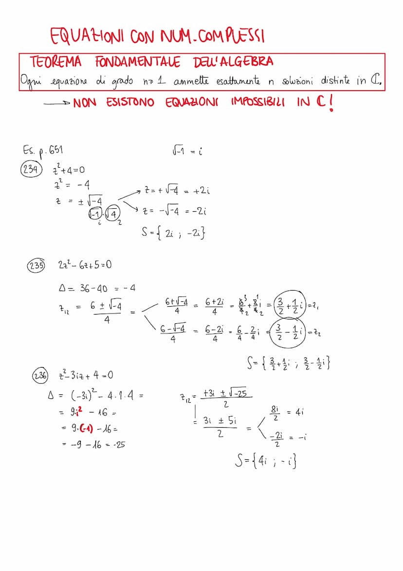 EQUAZIONI CON NUM.COMPLESSI
TEOREMA FONDAMENTALE DEL' ALGEBRA
Ogni equazione di grado no 1 ammette esattamente n soluzioni distinte in C.
·N