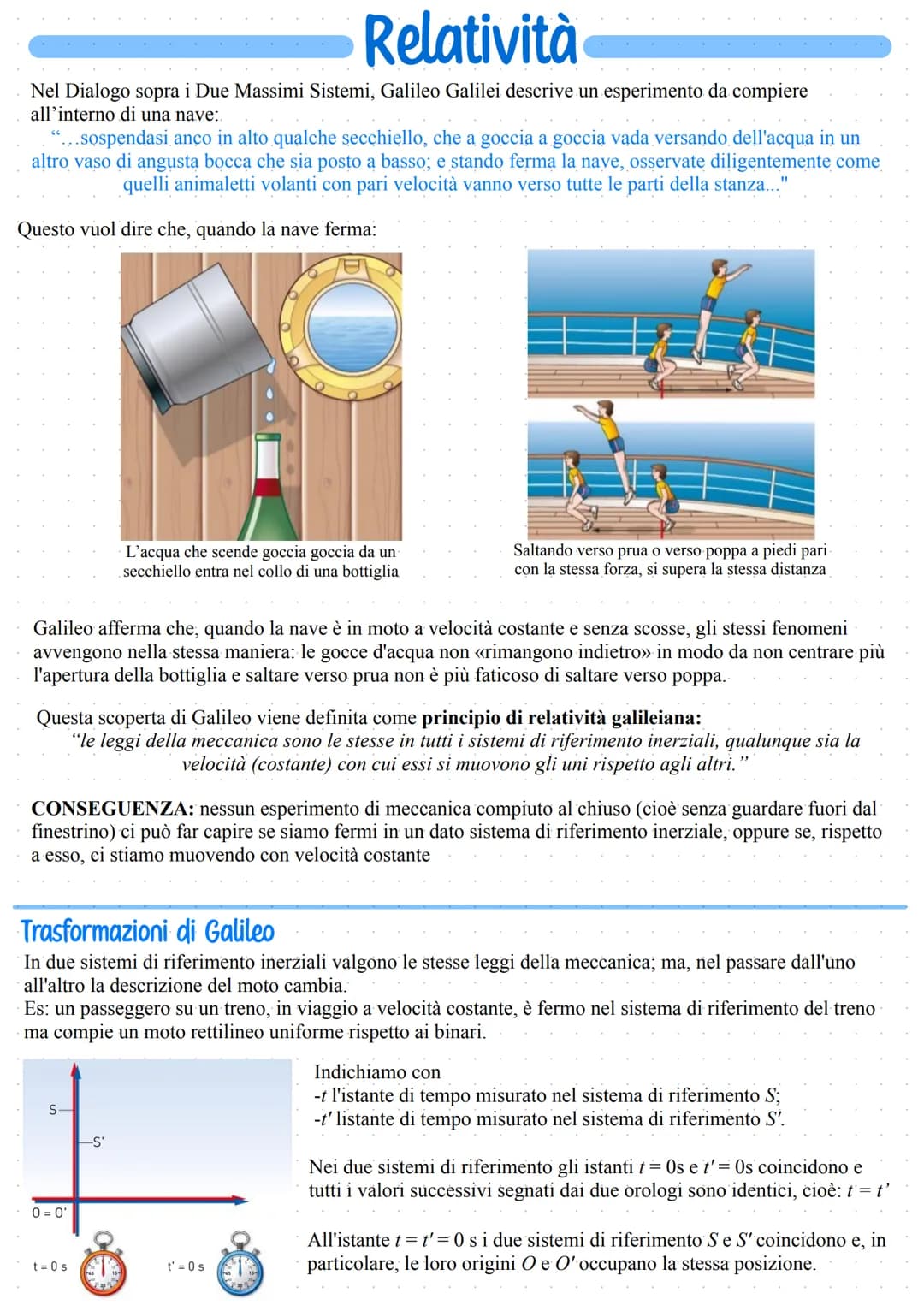 Relatività
Nel Dialogo sopra i Due Massimi Sistemi, Galileo Galilei descrive un esperimento da compiere
all'interno di una nave:
...sospenda