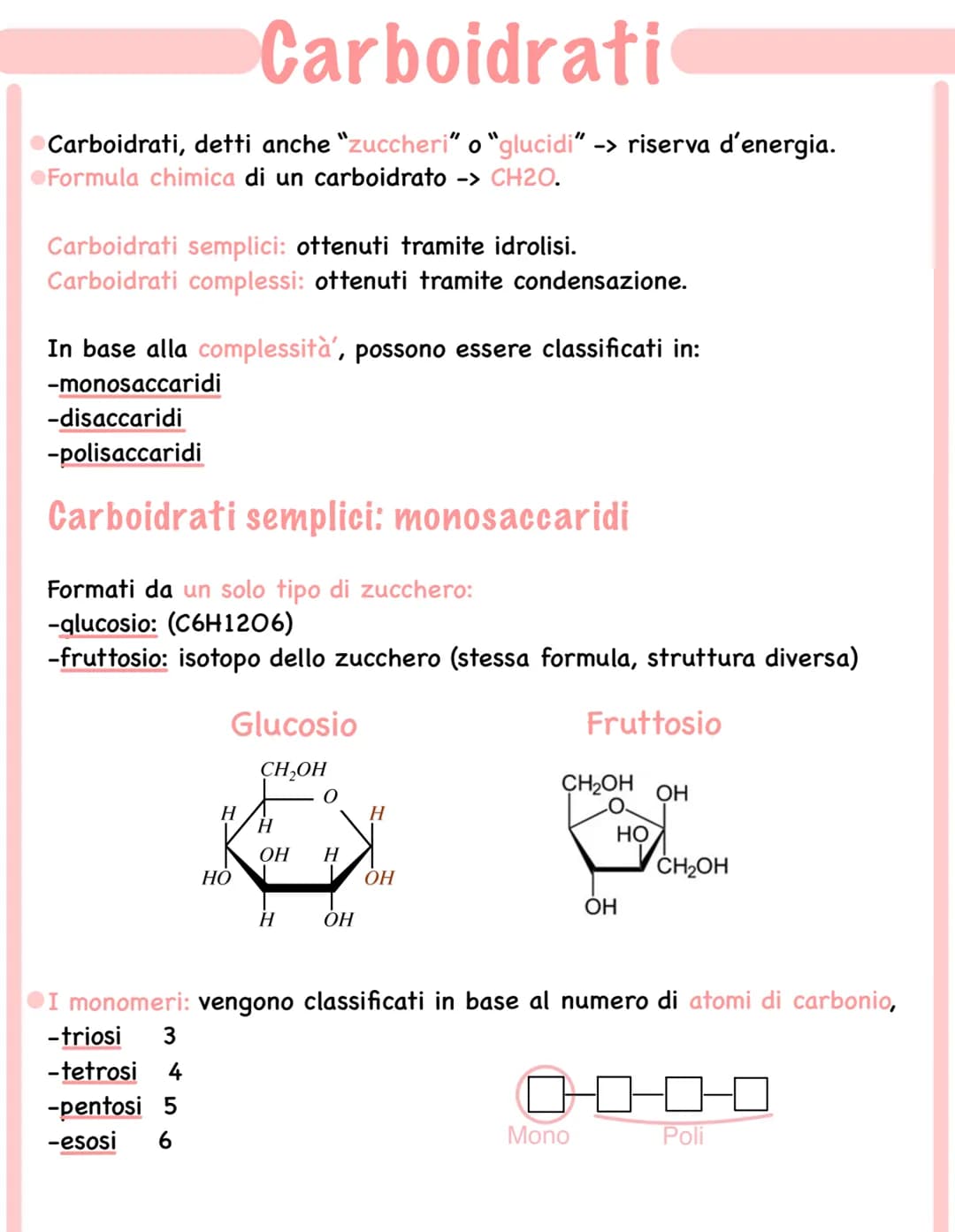 Carboidrati
O Carboidrati, detti anche “zuccheri" o "glucidi" -> riserva d'energia.
Formula chimica di un carboidrato -> CH20.
Carboidrati s