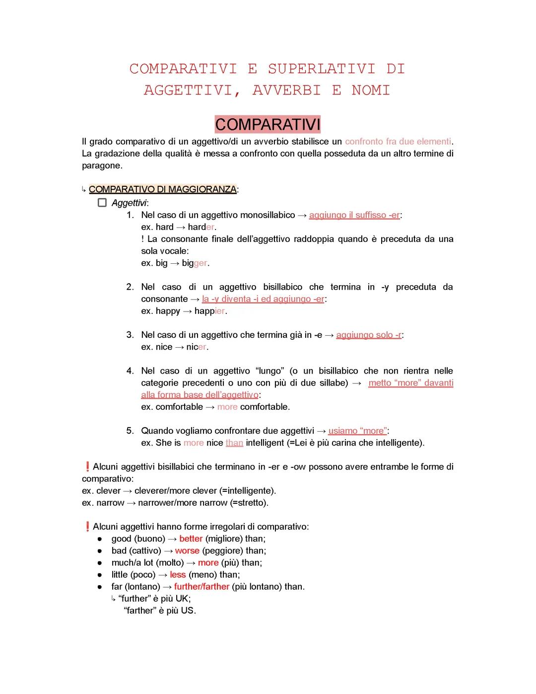 Comparativi e Superlativi di Aggettivi, Nomi ed Avverbi in inglese