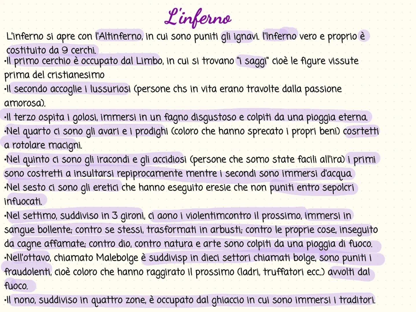 L'inferno
L'inferno si apre con l'Altinferno, in cui sono puniti gli ignavi. l'Inferno vero e proprio è
costituito da 9 cerchi.
•Il primo ce