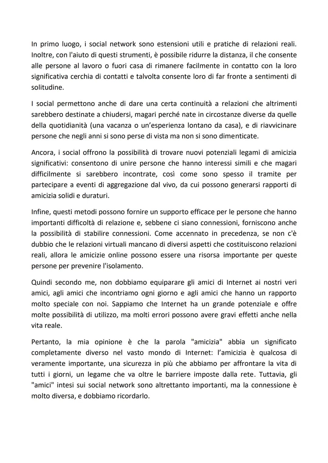 L'amicizia: virtuale e reale - Tema argomentativo