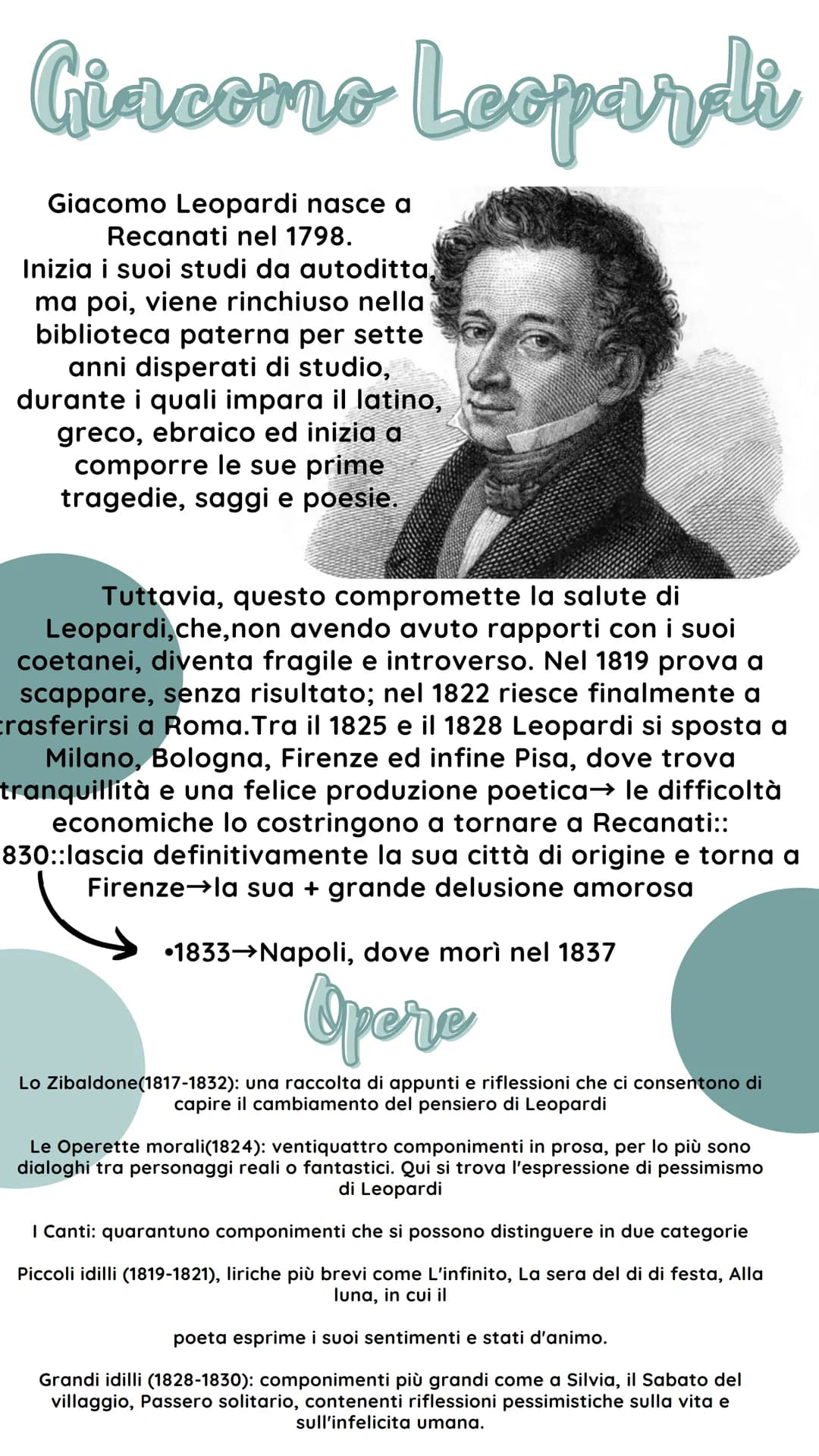 Giacomo Leopardi
Giacomo Leopardi nasce a
Recanati nel 1798.
Inizia i suoi studi da autoditta,
ma poi, viene rinchiuso nella
biblioteca pate