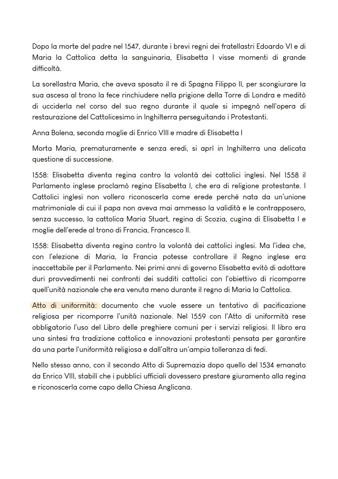 ELISABETTA I TUDOR
(1558-1603)
Pensiero politico
Portò avanti una politica di pacificazione
religiosa e di mobilità sociale. Favorì la
cresc