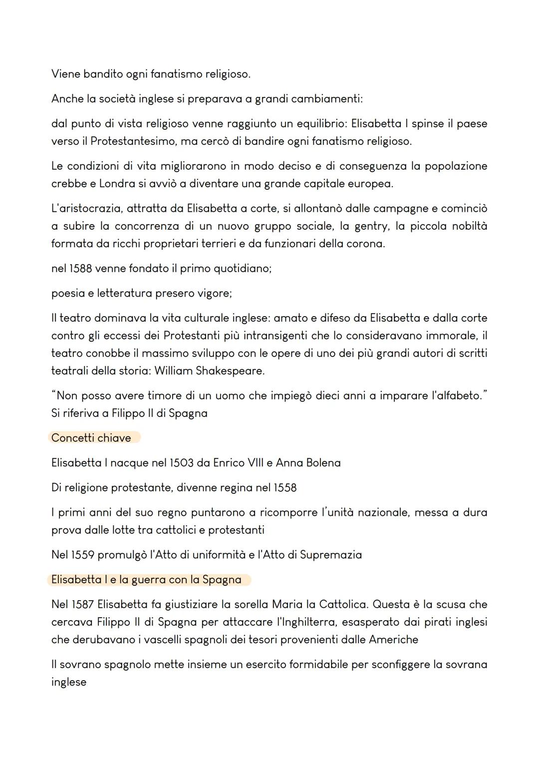 ELISABETTA I TUDOR
(1558-1603)
Pensiero politico
Portò avanti una politica di pacificazione
religiosa e di mobilità sociale. Favorì la
cresc