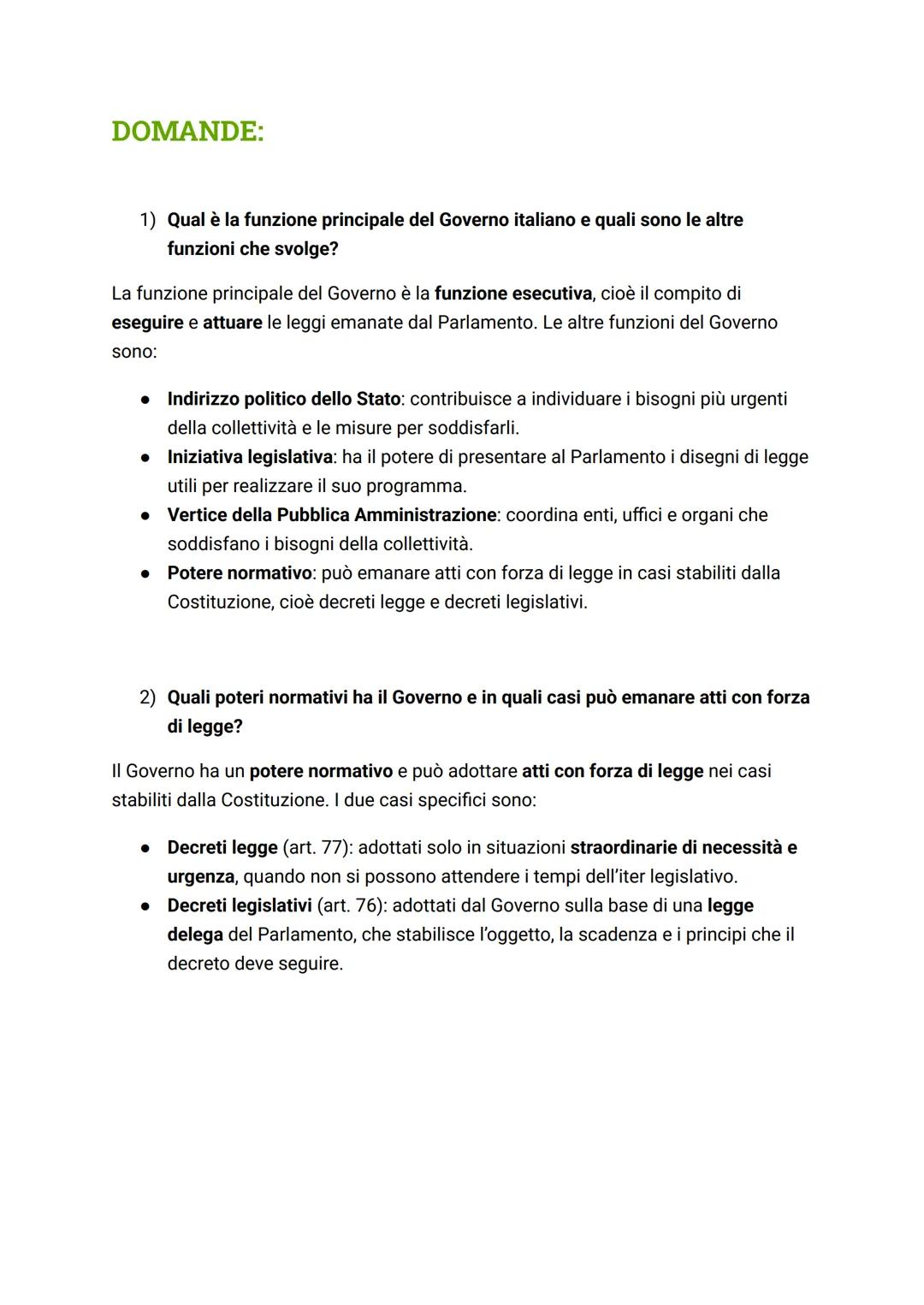 IL GOVERNO
Le funzioni del governo
• Il governo è titolare della funzione ESECUTIVA, ha il compito di ESEGUIRE e
ATTUARE le leggi emanate da