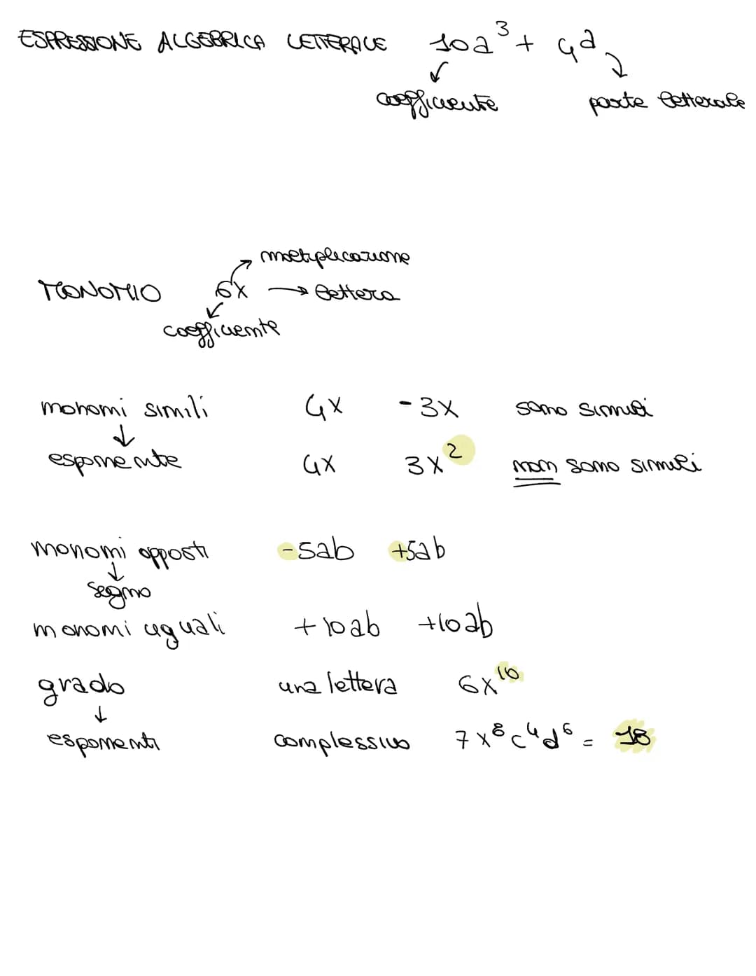 ESPRESSIONE ALGEBRICA LETTERACE
MONOMIO of
monomi simili
Т
esponente
monomi opposti
segno
monomi
uguali
grado
Т
coefficiente
esponenti
molti
