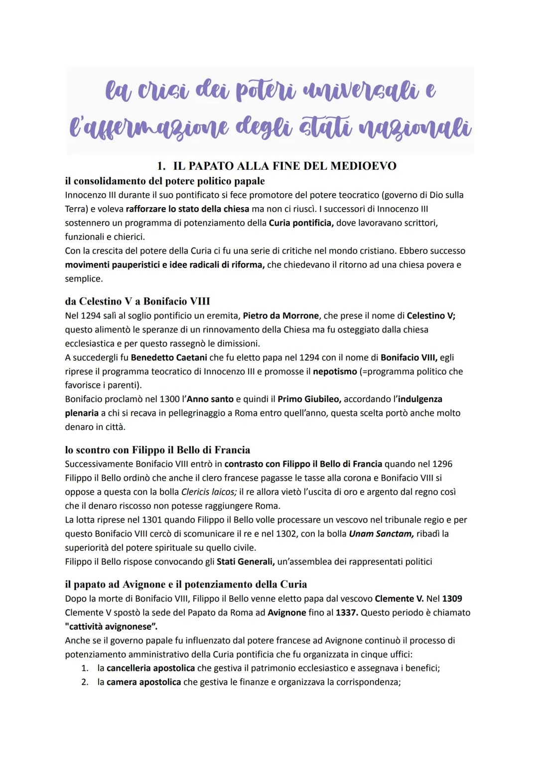 la crisi dei poteri universali e
l'affermazione degli stati nazionali
1. IL PAPATO ALLA FINE DEL MEDIOEVO
il consolidamento del potere polit