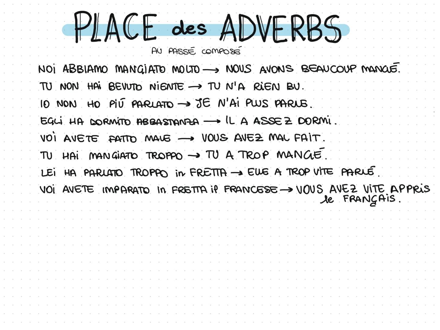 PASSÉ COMPOSÉ
ÊTRE = ÉTÉ
io SONO STATO → J'AI ÉTÉ
TU SEI STATO TU AS ÉTÉ
Eau E STATO →
IL A ÉTÉ
NOI SIAMO STATI→
AVOIR = EU
J'AI EU
TU AS EU