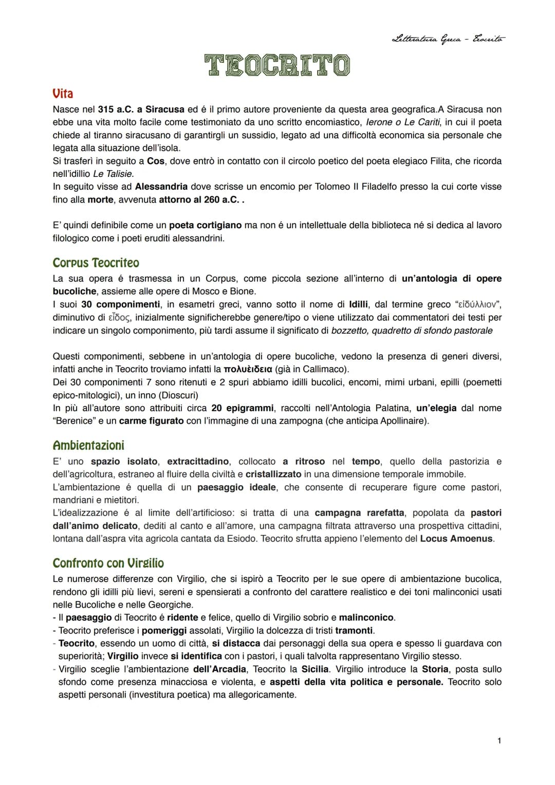 Letteratura Greca - Ecocrito
TEOCRITO
Vita
cui il poeta
Nasce nel 315 a.C. a Siracusa ed é il primo autore proveniente da questa area geogra