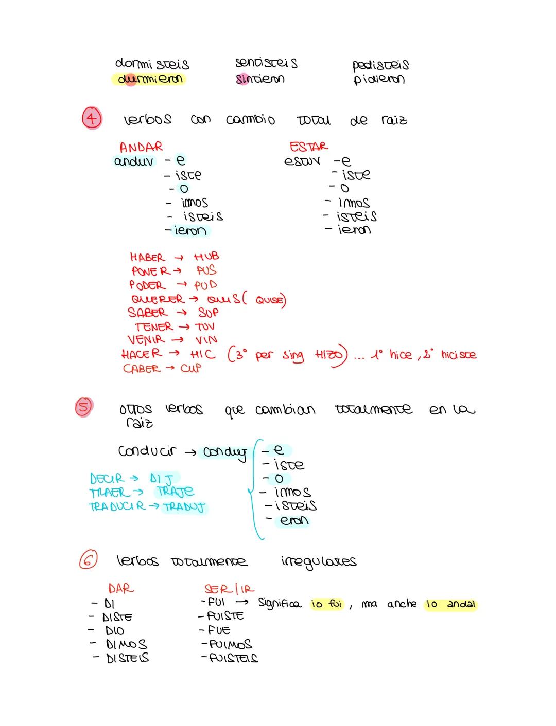 PRETERITO INDEFINIDO → passato remoto
regulares:
radica
AR: cantar
- aste
- amos
-asteis
-aron
ER-IR: comer
zarce
gar →
guar
car
gué
gue
que