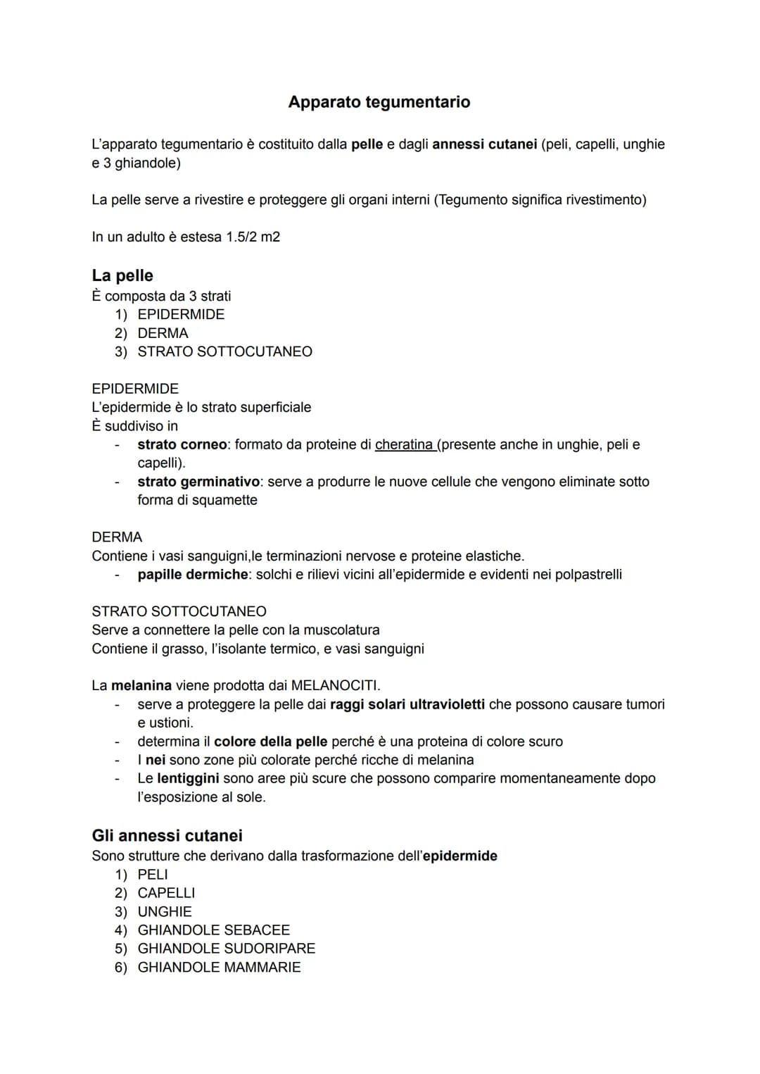 Apparato tegumentario
L'apparato tegumentario è costituito dalla pelle e dagli annessi cutanei (peli, capelli, unghie
e 3 ghiandole)
La pell