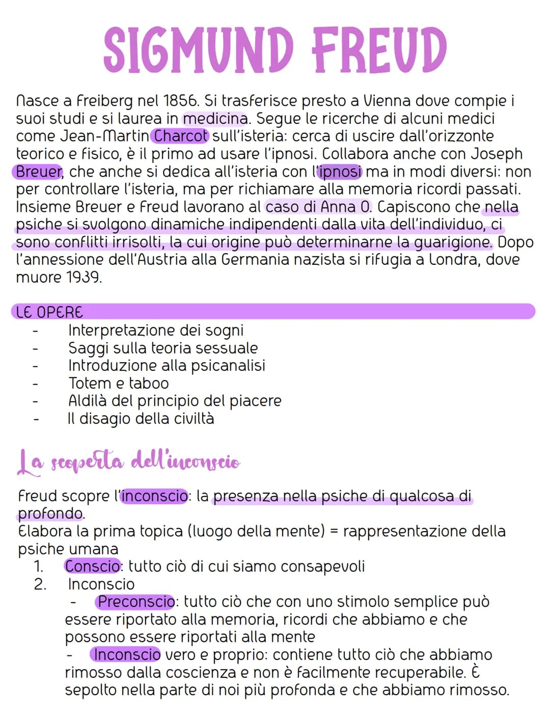 SIGMUND FREUD
nasce a freiberg nel 1856. Si trasferisce presto a Vienna dove compie i
suoi studi e si laurea in medicina. Segue le ricerche 